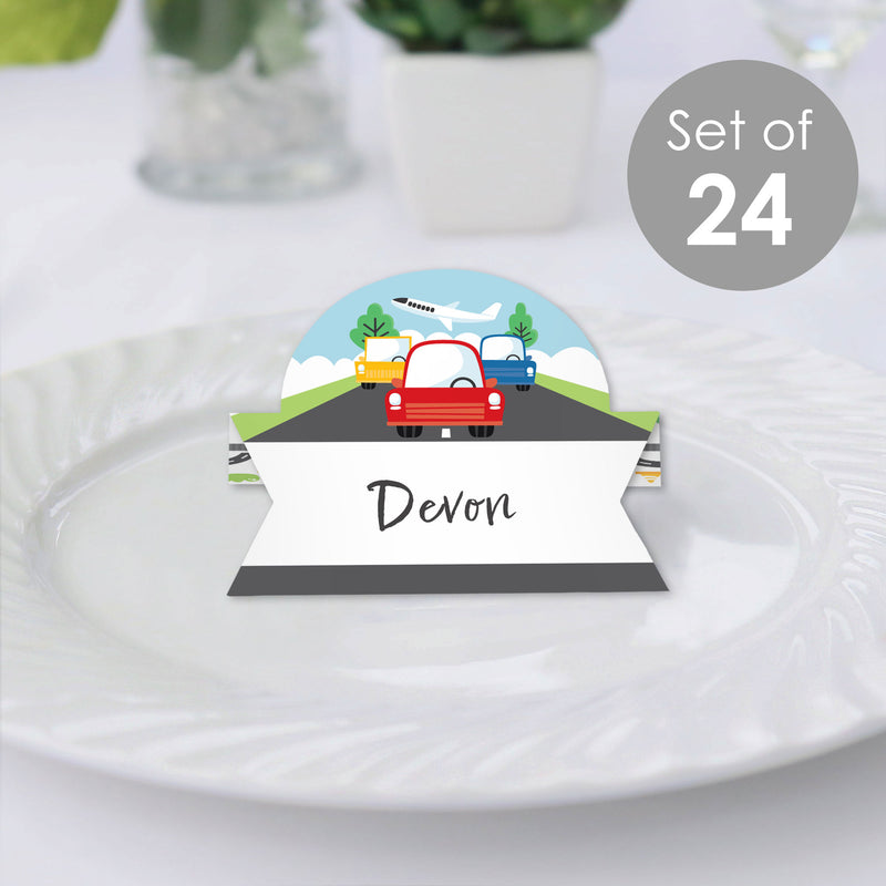Cars, Trains, and Airplanes - Transportation Birthday Party Tent Buffet Card - Table Setting Name Place Cards - Set of 24