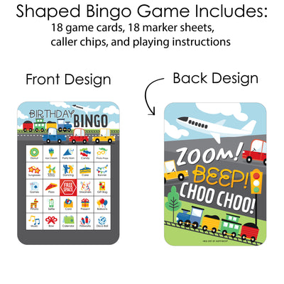 Cars, Trains, and Airplanes - Picture Bingo Cards and Markers - Transportation Birthday Party Shaped Bingo Game - Set of 18