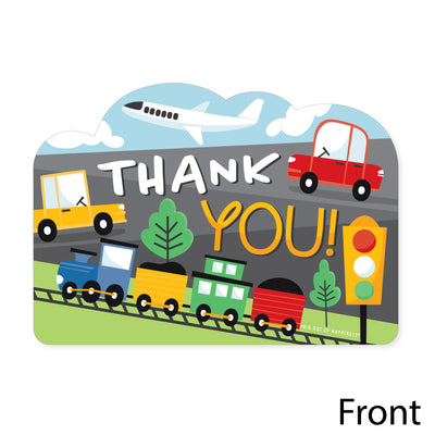 Cars, Trains, and Airplanes - Shaped Thank You Cards - Transportation Birthday Party Thank You Note Cards with Envelopes - Set of 12