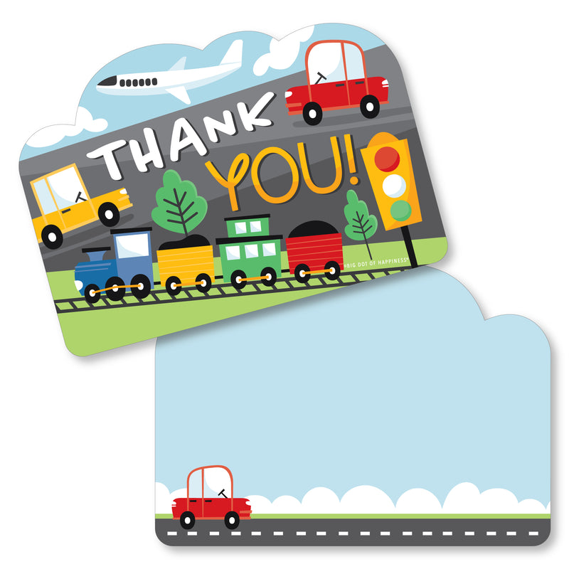Cars, Trains, and Airplanes - Shaped Thank You Cards - Transportation Birthday Party Thank You Note Cards with Envelopes - Set of 12