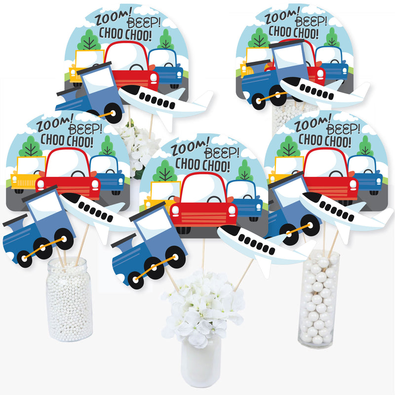 Cars, Trains, and Airplanes - Transportation Birthday Party Centerpiece Sticks - Table Toppers - Set of 15