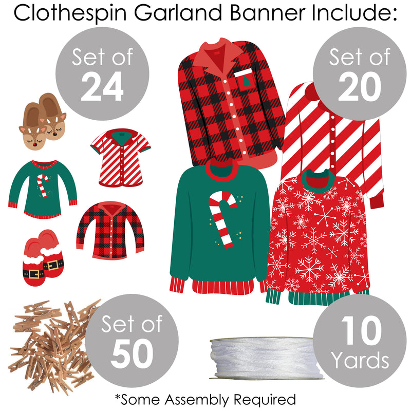 Christmas Pajamas - Holiday Plaid PJ Party DIY Decorations - Clothespin Garland Banner - 44 Pieces