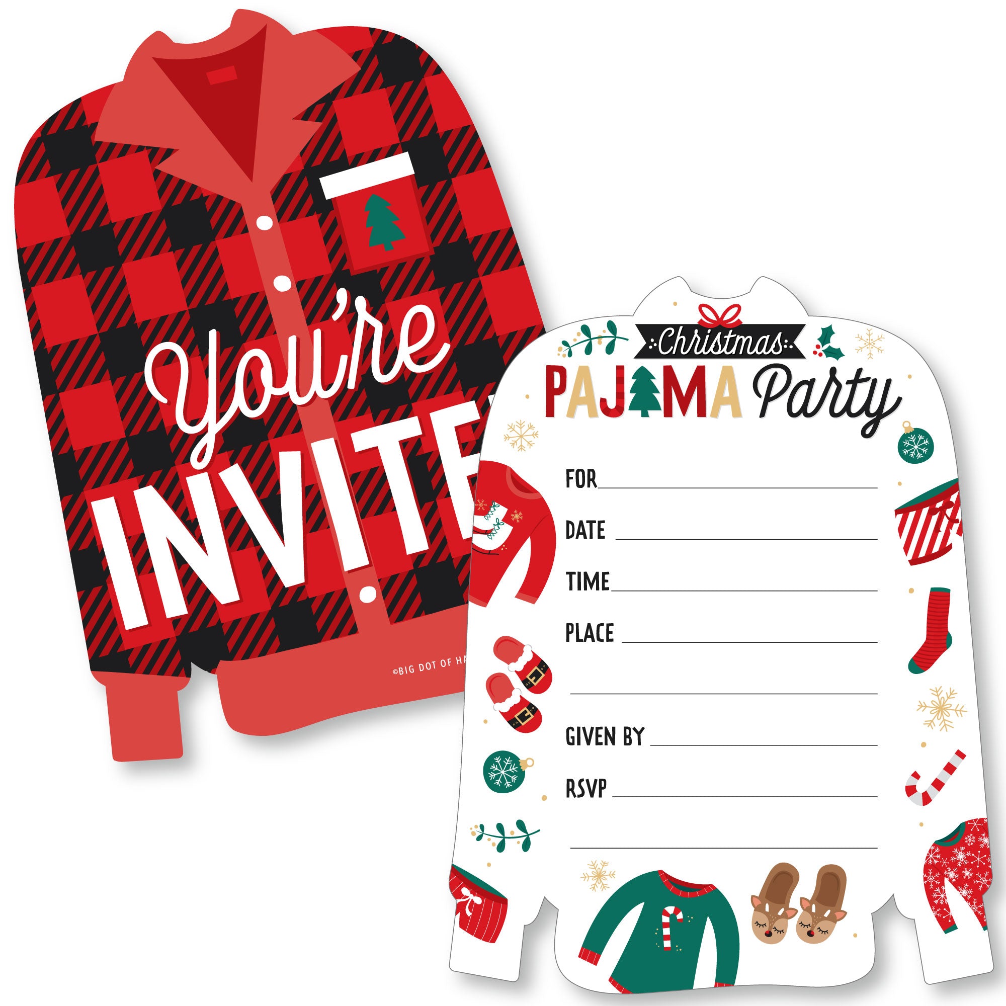 christmas-pajamas-shaped-fill-in-invitations-holiday-plaid-pj-party-invitation-cards-with-envelopes-set-of-12-bigdotofhappiness-com-big-dot-of-happiness-llc