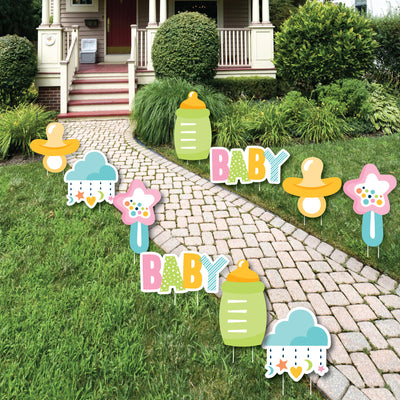 Colorful Baby Shower - Bottle, Rattle, Pacifier, Rain Cloud Lawn Decorations - Outdoor Gender Neutral Party Yard Decorations - 10 Piece
