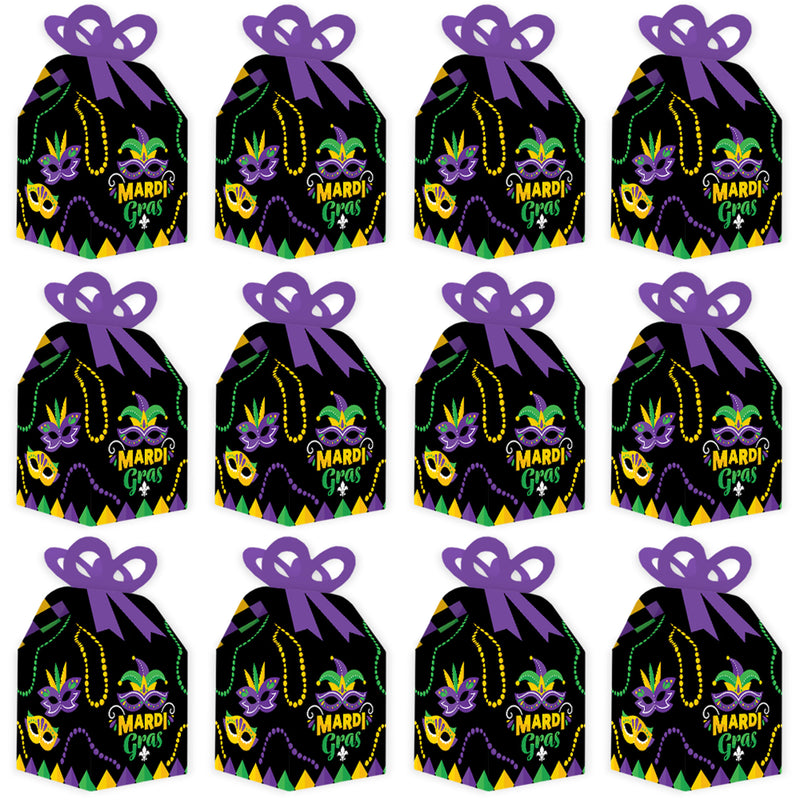 Colorful Mardi Gras Mask - Square Favor Gift Boxes - Masquerade Party Bow Boxes - Set of 12