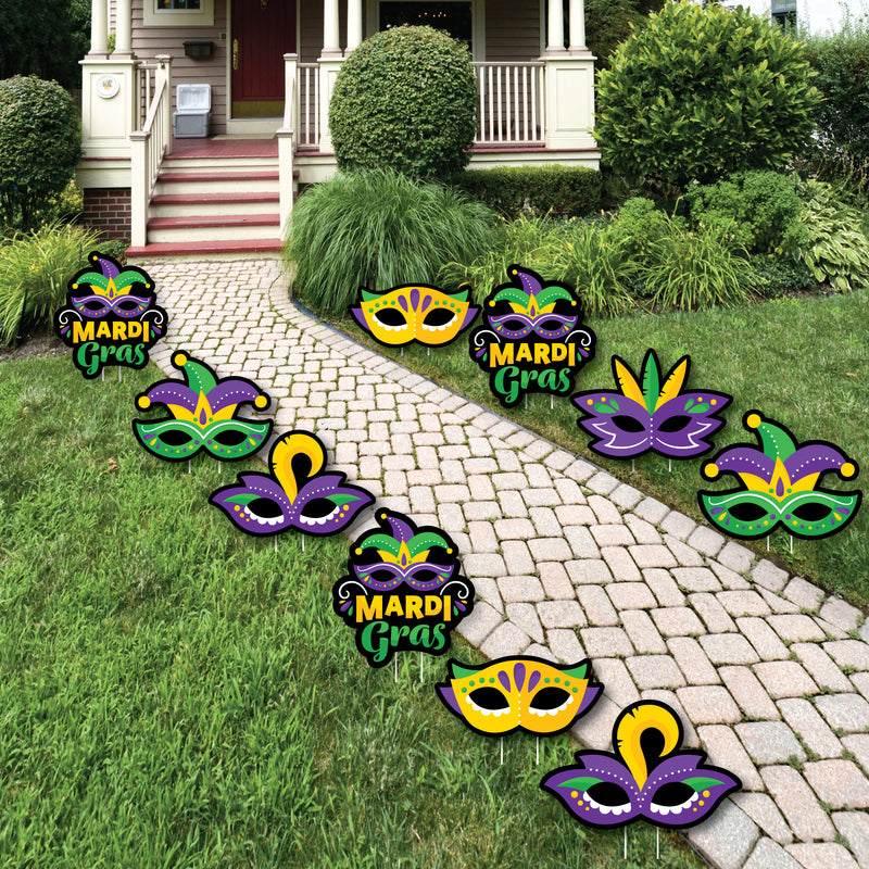 Colorful Mardi Gras Mask - Lawn Decorations - Outdoor Masquerade Party Yard Decorations - 10 Piece