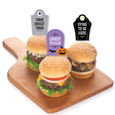 Cute and Colorful Tombstones - Dessert Cupcake Toppers - Kids Halloween Party Clear Treat Picks - Set of 24
