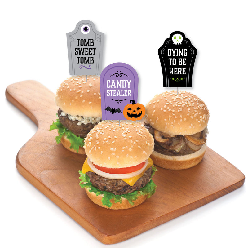 Cute and Colorful Tombstones - Dessert Cupcake Toppers - Kids Halloween Party Clear Treat Picks - Set of 24
