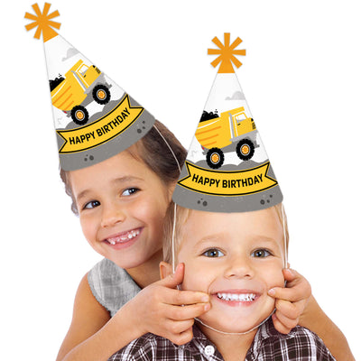 Dig It - Construction Party Zone - Cone Happy Birthday Party Hats for Kids and Adults - Set of 8 (Standard Size)