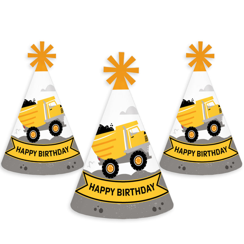 Dig It - Construction Party Zone - Cone Happy Birthday Party Hats for Kids and Adults - Set of 8 (Standard Size)