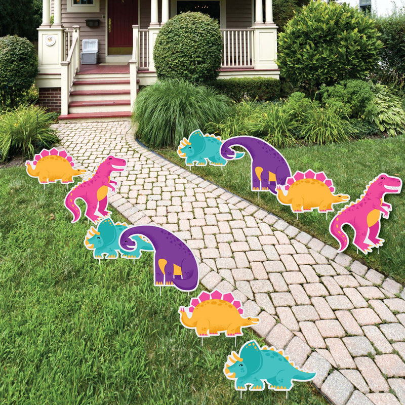 Roar Dinosaur Girl - Trex, Triceratops, Stegosaurus and Brontosaurus Lawn Decorations - Outdoor Dino Mite Baby Shower or Birthday Party Yard Decorations - 10 Piece