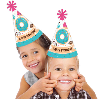 Donut Worry, Let's Party - Cone Happy Birthday Party Hats for Kids and Adults - Set of 8 (Standard Size)
