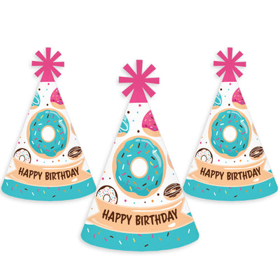 Donut Worry, Let's Party - Cone Happy Birthday Party Hats for Kids and Adults - Set of 8 (Standard Size)