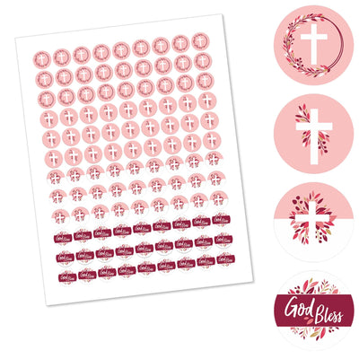 Pink Elegant Cross - Girl Religious Party Round Candy Sticker Favors - Labels Fit Hershey's Kisses - 108 ct