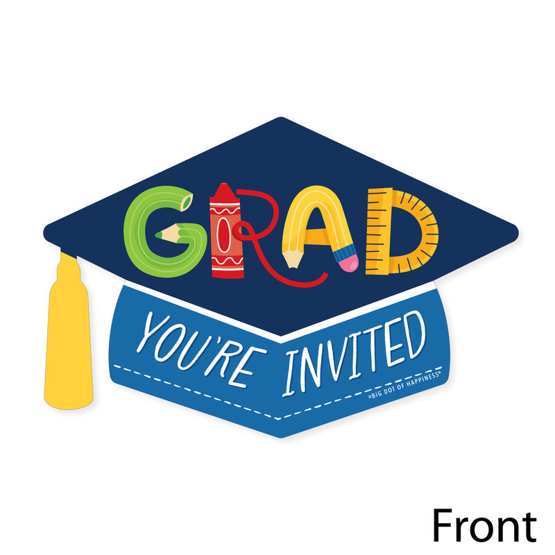 Elementary Grad - Shaped Fill-In Invitations - Kids Graduation Party Invitation Cards with Envelopes - Set of 12
