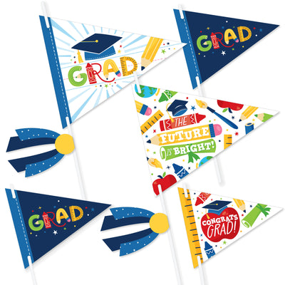 Elementary Grad - Triangle Kids Graduation Party Photo Props - Pennant Flag Centerpieces - Set of 20