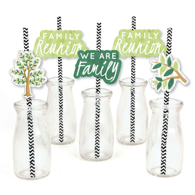 Family Tree Reunion - Paper Straw Decor - Family Gathering Party Striped Decorative Straws - Set of 24