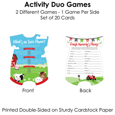 Farm Animals - 2-in-1 Barnyard Baby Shower Cards - Activity Duo Games - Set of 20