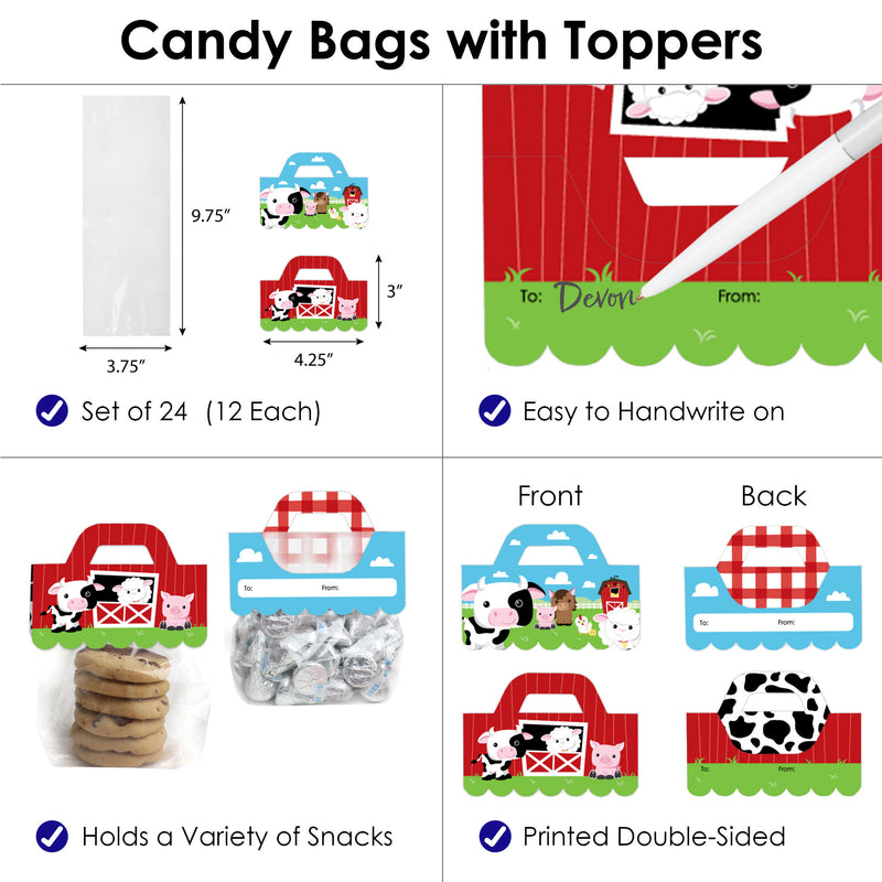 Farm Animals - DIY Barnyard Baby Shower or Birthday Party Clear Goodie Favor Bag Labels - Candy Bags with Toppers - Set of 24
