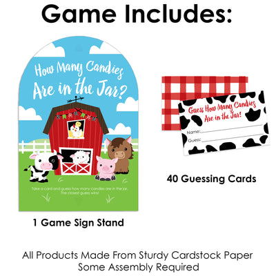 Farm Animals - How Many Candies Barnyard Baby Shower or Birthday Party Game - 1 Stand and 40 Cards - Candy Guessing Game