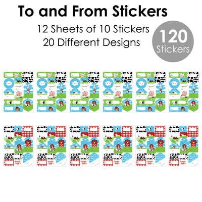 Farm Animals - Assorted Barnyard Baby Shower or Birthday Party Gift Tag Labels - To and From Stickers - 12 Sheets - 120 Stickers