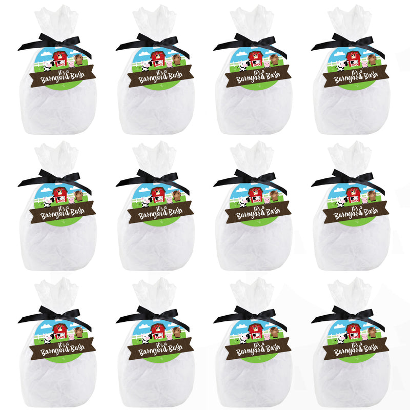 Farm Animals - Barnyard Baby Shower or Birthday Party Clear Goodie Favor Bags - Treat Bags With Tags - Set of 12