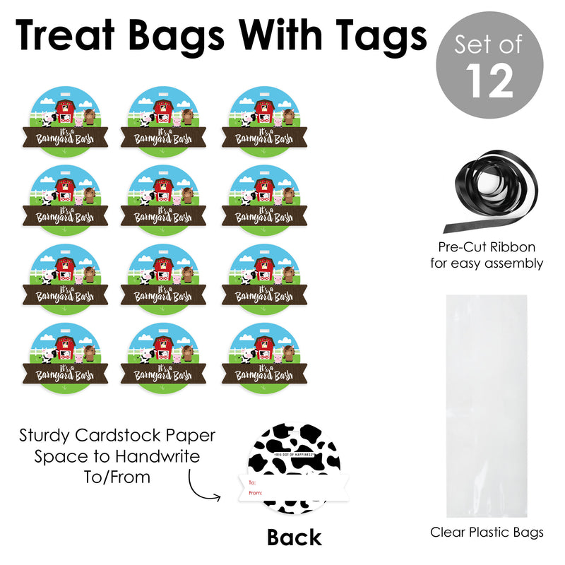 Farm Animals - Barnyard Baby Shower or Birthday Party Clear Goodie Favor Bags - Treat Bags With Tags - Set of 12