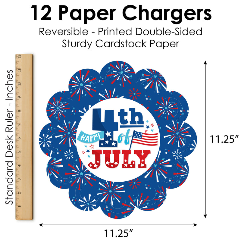 Firecracker 4th of July - Red, White and Royal Blue Party Round Table Decorations - Paper Chargers - Place Setting For 12