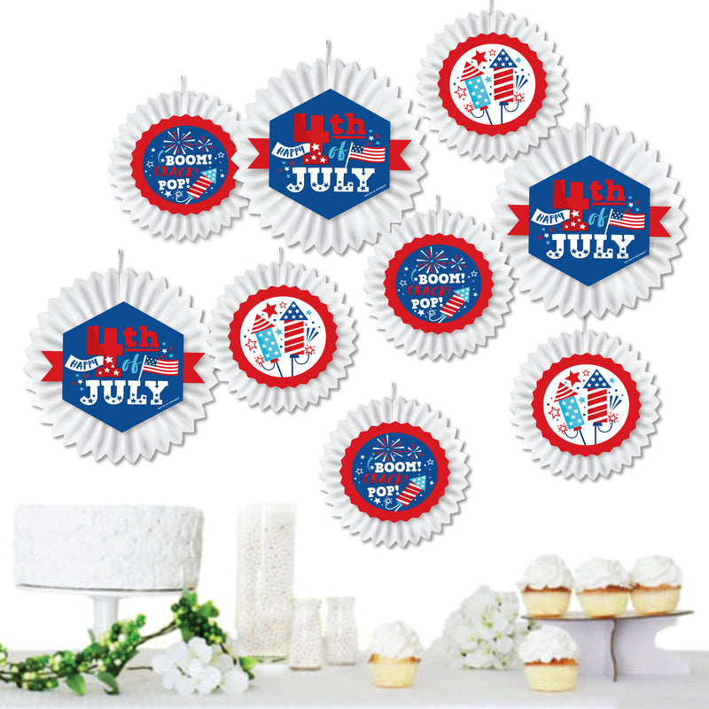 Firecracker 4th of July - Hanging Red, White and Royal Blue Party Tissue Decoration Kit - Paper Fans - Set of 9