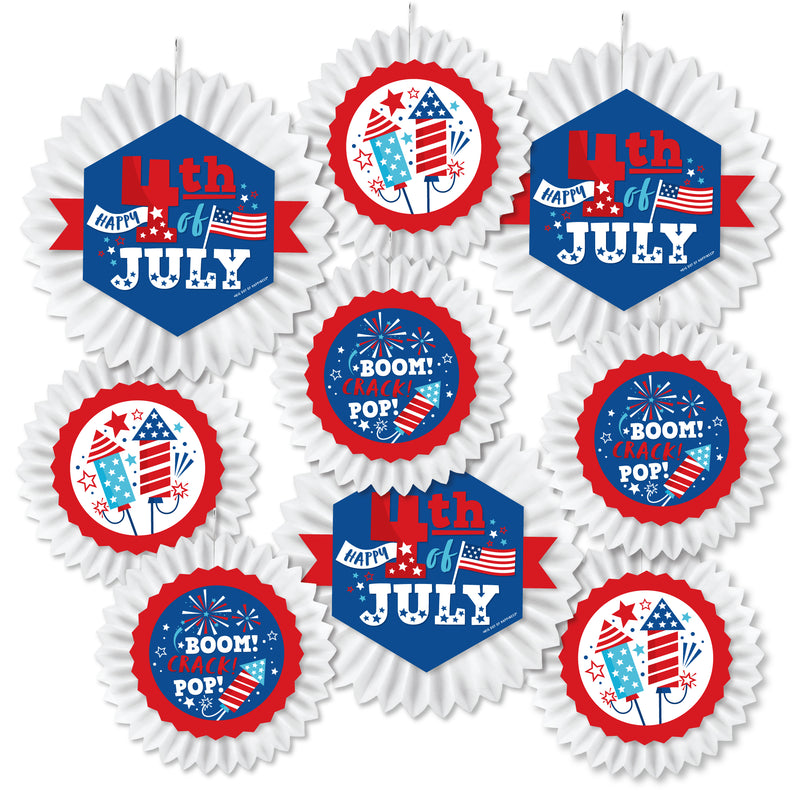 Firecracker 4th of July - Hanging Red, White and Royal Blue Party Tissue Decoration Kit - Paper Fans - Set of 9