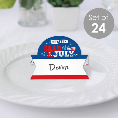 Firecracker 4th of July - Red, White and Royal Blue Party Tent Buffet Card - Table Setting Name Place Cards - Set of 24