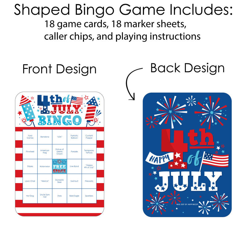 Firecracker 4th of July - Bar Bingo Cards and Markers - Red, White and Royal Blue Party Shaped Bingo Game - Set of 18