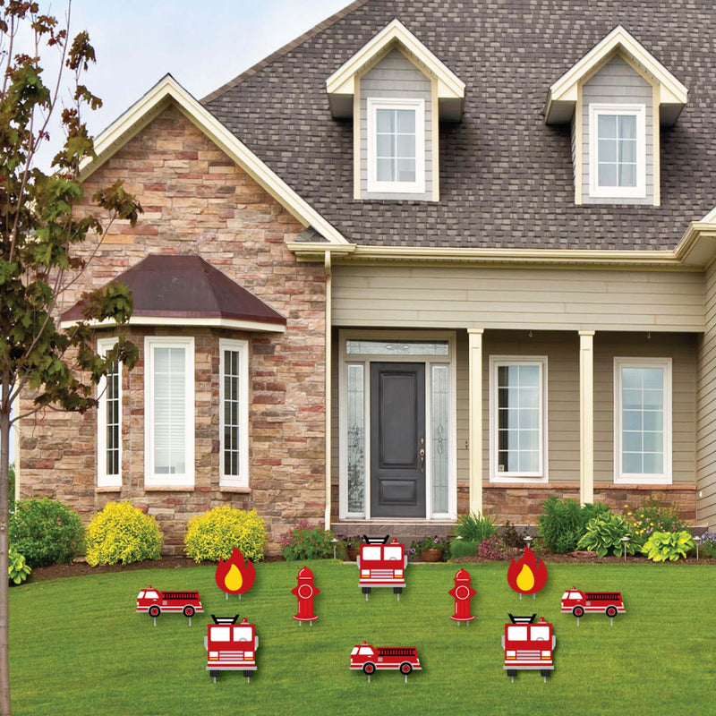 Fired Up Fire Truck - Lawn Decorations - Outdoor Firefighter Firetruck Baby Shower or Birthday Party Yard Decorations - 10 Piece