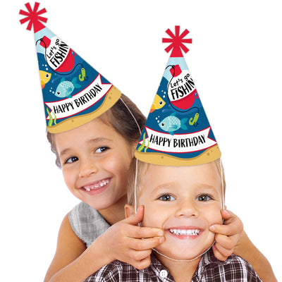 Let's Go Fishing - Cone Happy Birthday Party Hats for Kids and Adults - Set of 8 (Standard Size)