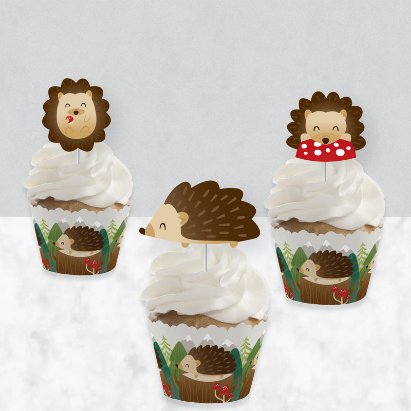 Forest Hedgehogs - Cupcake Decoration - Woodland Birthday Party or Baby Shower Cupcake Wrappers and Treat Picks Kit - Set of 24