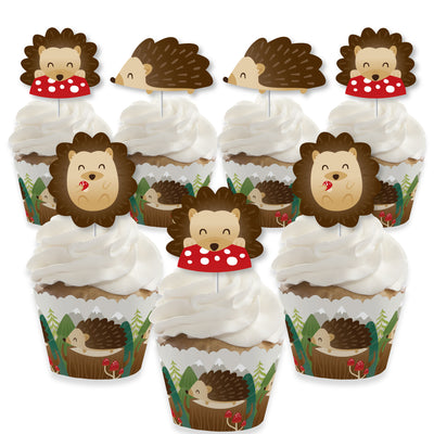 Forest Hedgehogs - Cupcake Decoration - Woodland Birthday Party or Baby Shower Cupcake Wrappers and Treat Picks Kit - Set of 24