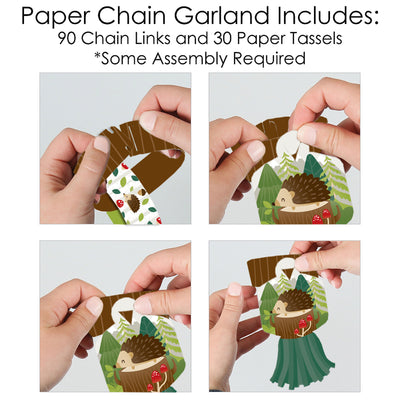 Forest Hedgehogs - 90 Chain Links and 30 Paper Tassels Decoration Kit - Woodland Birthday Party or Baby Shower Paper Chains Garland - 21 feet
