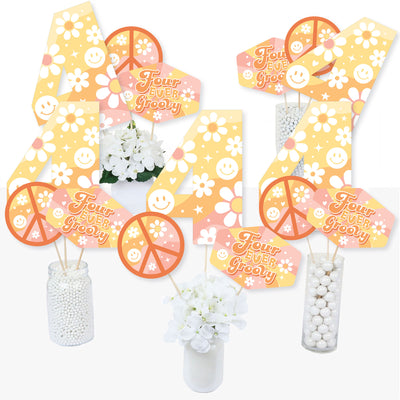 Four-Ever Groovy - Boho Hippie Fourth Birthday Party Centerpiece Sticks - Table Toppers - Set of 15