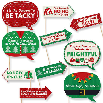 Funny Ugly Sweater - 10 Piece Holiday & Christmas Photo Booth Props Kit