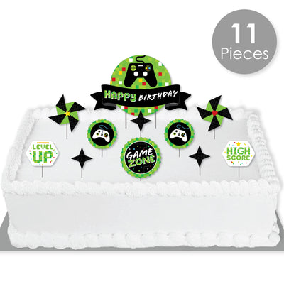 Game Zone - Pixel Video Game Birthday Party Cake Decorating Kit - Happy Birthday Cake Topper Set - 11 Pieces