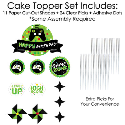 Game Zone - Pixel Video Game Birthday Party Cake Decorating Kit - Happy Birthday Cake Topper Set - 11 Pieces