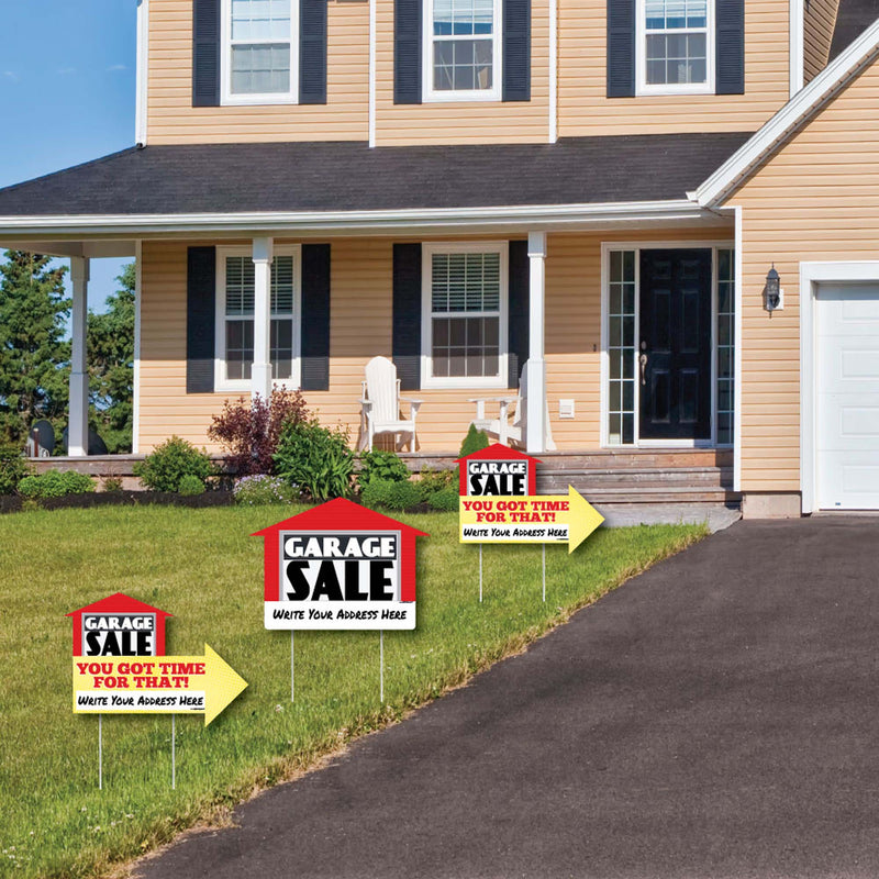 Garage Sale Signs - Yard Sign with Stakes - Double Sided Outdoor Lawn Sign - Set of 3