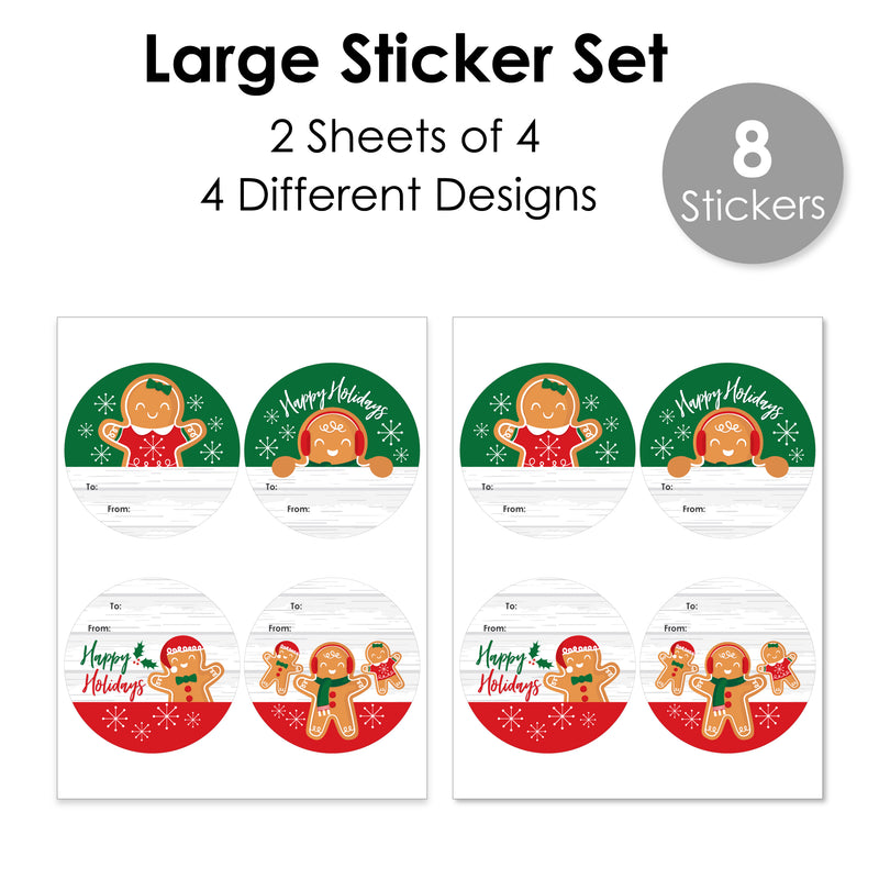 Gingerbread Christmas - Round Gingerbread Man Holiday Party To and From Gift Tags - Large Stickers - Set of 8