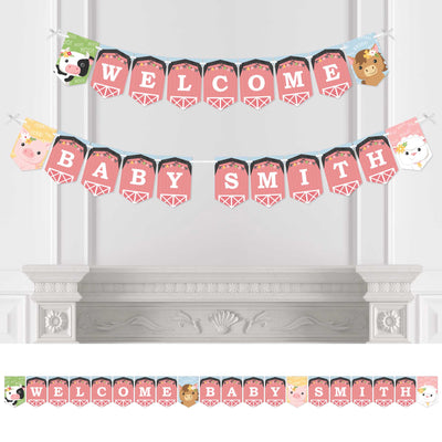 Personalized Girl Farm Animals - Custom Pink Barnyard Baby Shower Bunting Banner and Decorations - Welcome Baby Custom Name Banner