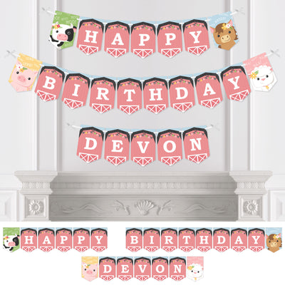 Personalized Girl Farm Animals - Custom Pink Barnyard Birthday Party Bunting Banner and Decorations - Happy Birthday Custom Name Banner