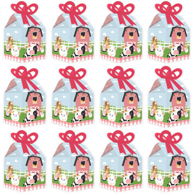 Girl Farm Animals - Square Favor Gift Boxes - Pink Barnyard Baby Shower or Birthday Party Bow Boxes - Set of 12