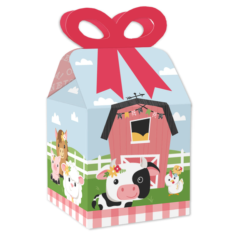 Girl Farm Animals - Square Favor Gift Boxes - Pink Barnyard Baby Shower or Birthday Party Bow Boxes - Set of 12