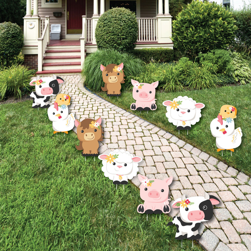 Girl Farm Animals - Lawn Decorations - Outdoor Pink Barnyard Baby Shower or Birthday Party Yard Decorations - 10 Piece