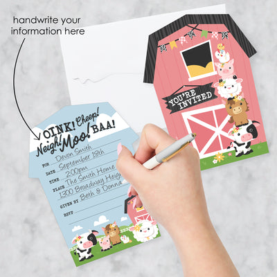 Girl Farm Animals - Shaped Fill-In Invitations - Pink Barnyard Baby Shower or Birthday Party Invitation Cards with Envelopes - Set of 12