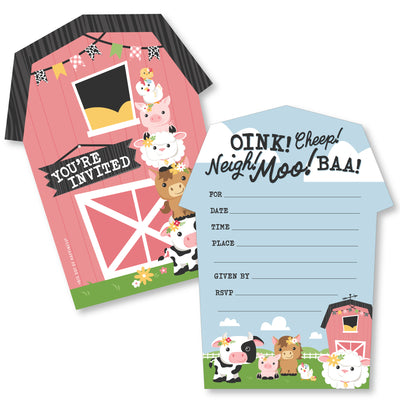 Girl Farm Animals - Shaped Fill-In Invitations - Pink Barnyard Baby Shower or Birthday Party Invitation Cards with Envelopes - Set of 12